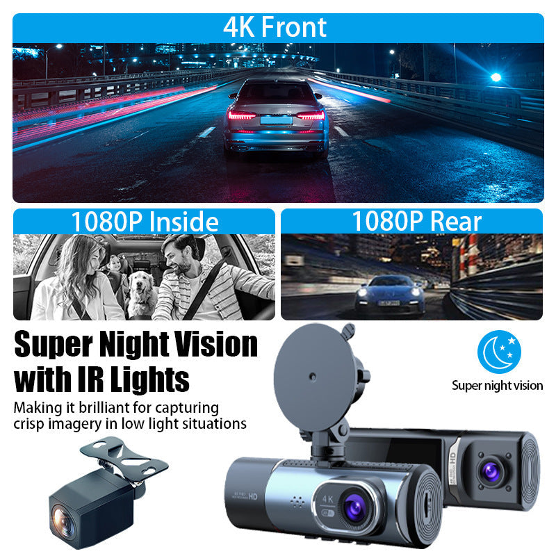 New Three-Record Three-Screen Display 4K Ultra-Clear 3.16-Inch High-Definition Screen Wifi Connected To Gps Driving Recorder
